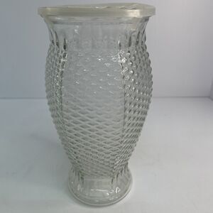 Vintage FTD Clear Pressed Glass Diamond Point Pineapple Hexagon Vase 1980s